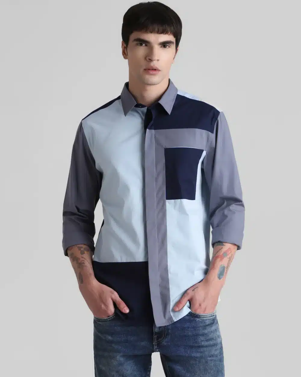 Blue Colourblocked Full Sleeves Shirt