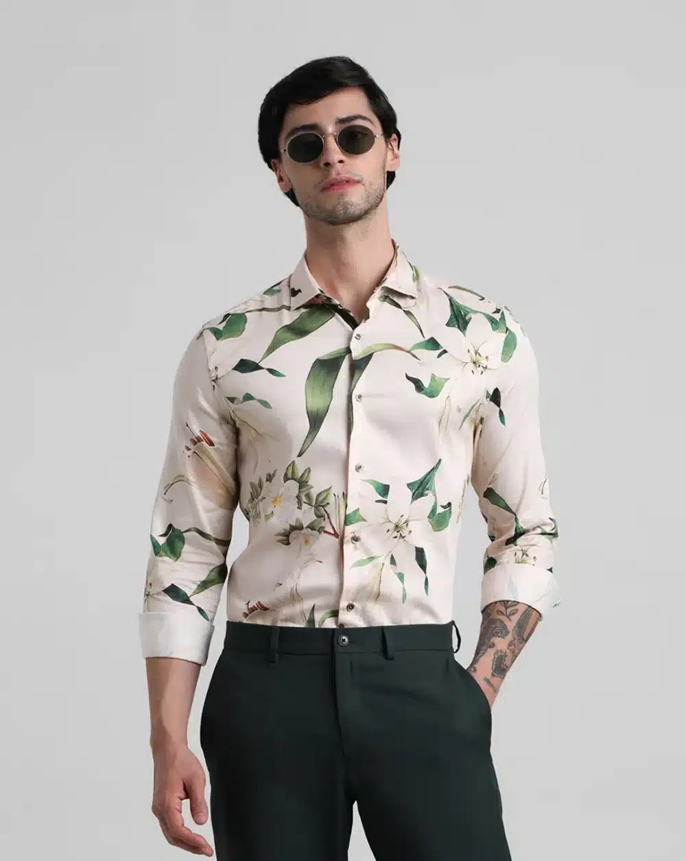 Light Beige Floral Full Sleeves Shirt