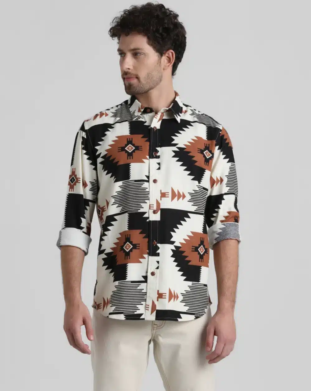 White Abstract Print Full Sleeves Shirt For Men - Image 2