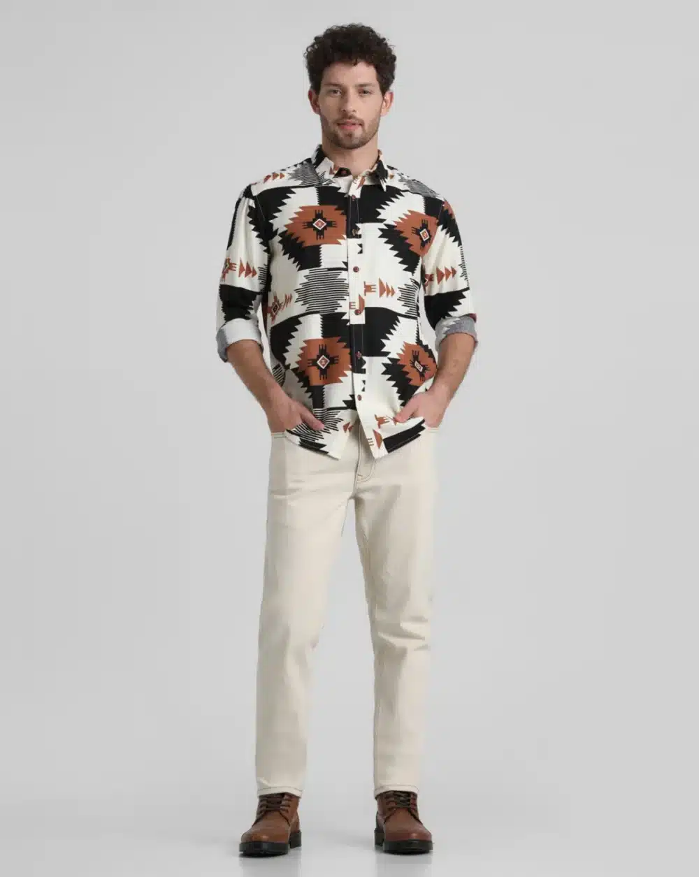 White Abstract Print Full Sleeves Shirt For Men - Image 6