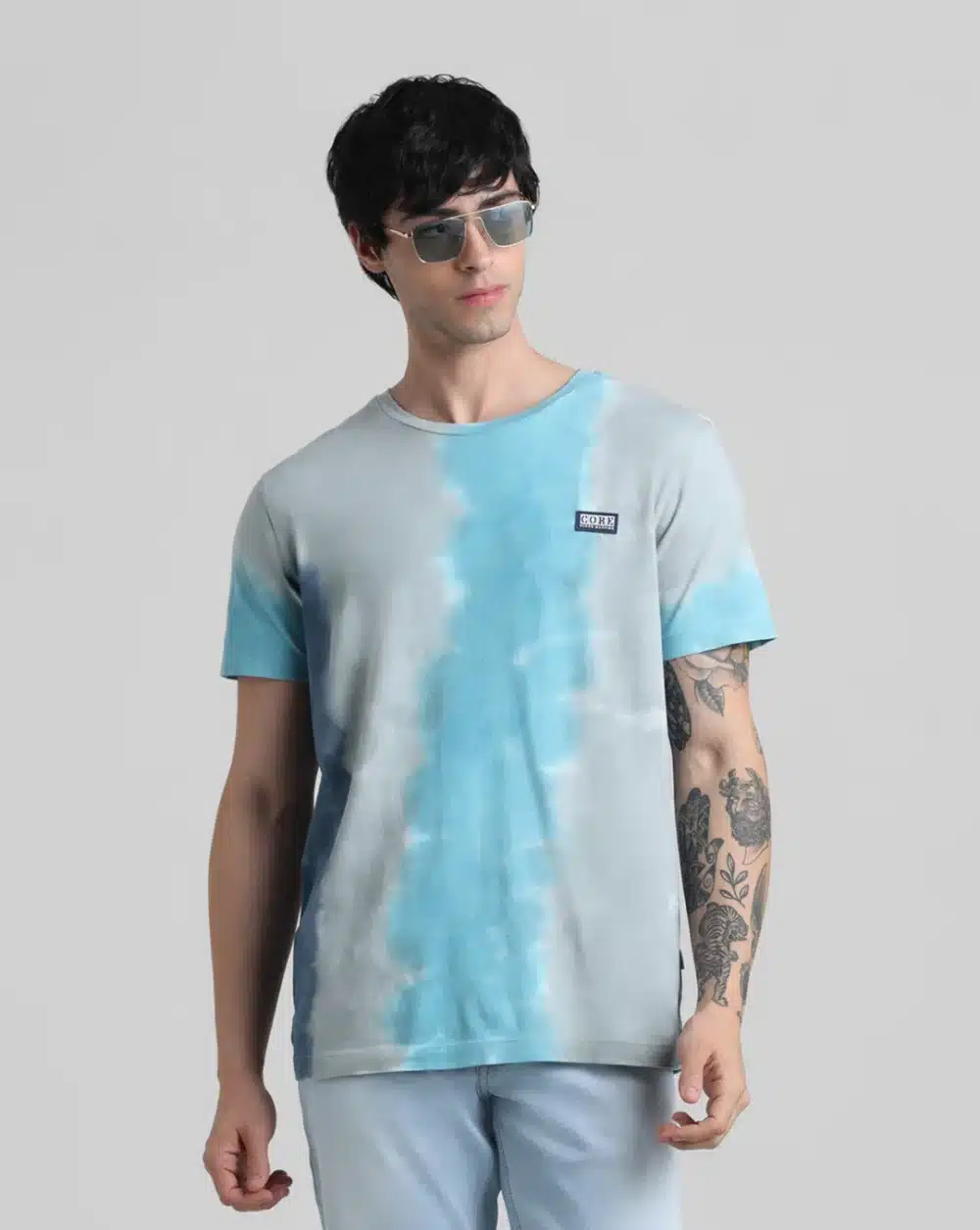 Blue & Grey Tie-dye Crew Neck T-Shirt - Image 2