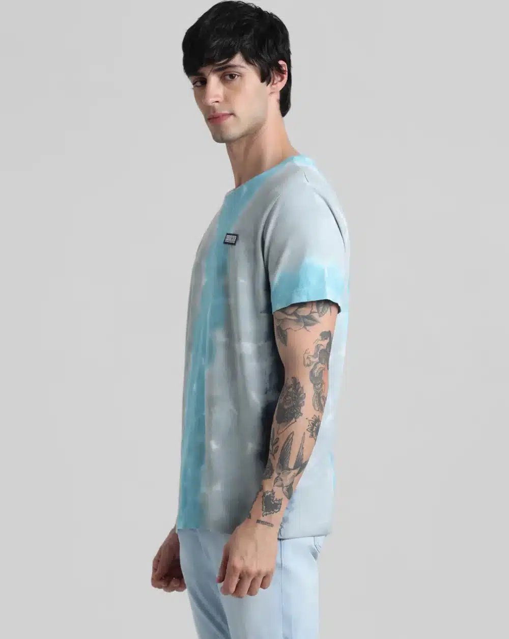 Blue & Grey Tie-dye Crew Neck T-Shirt - Image 3