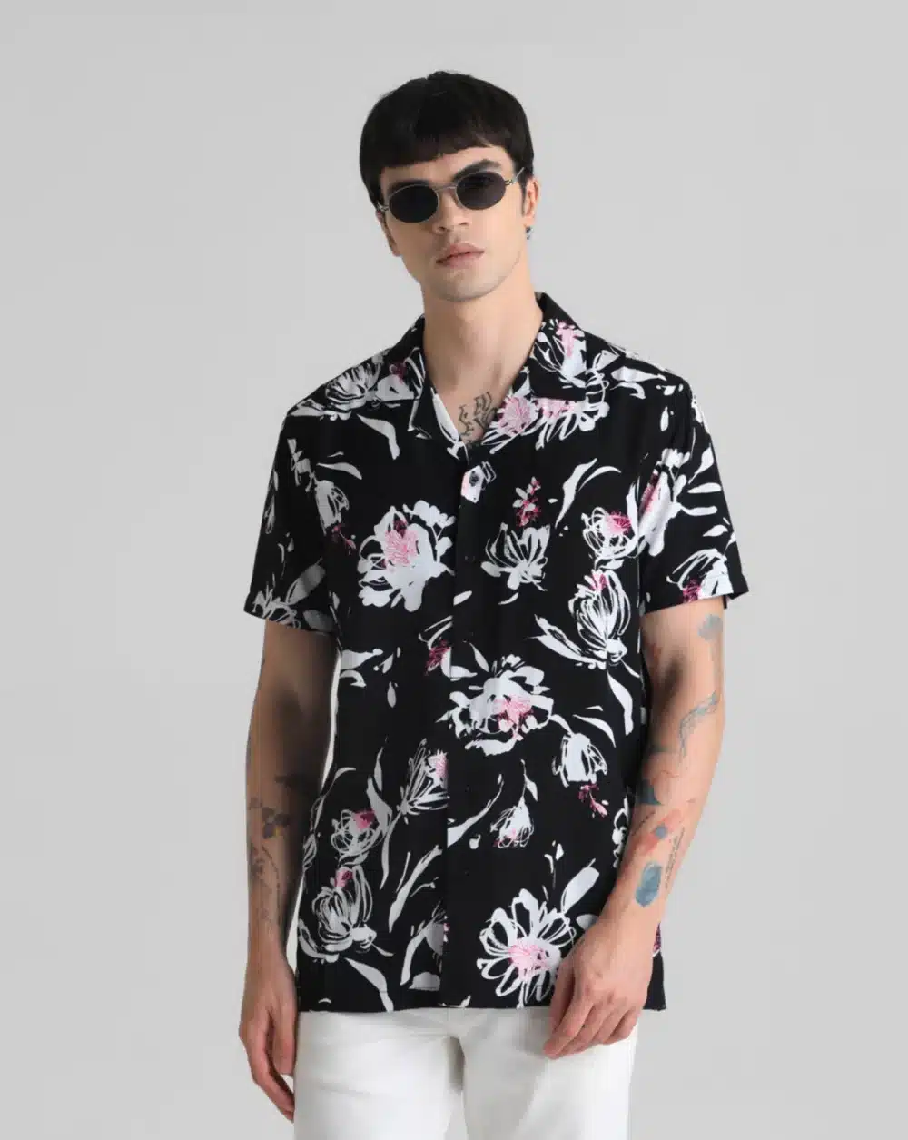 Black Floral Short Sleeves Shirt