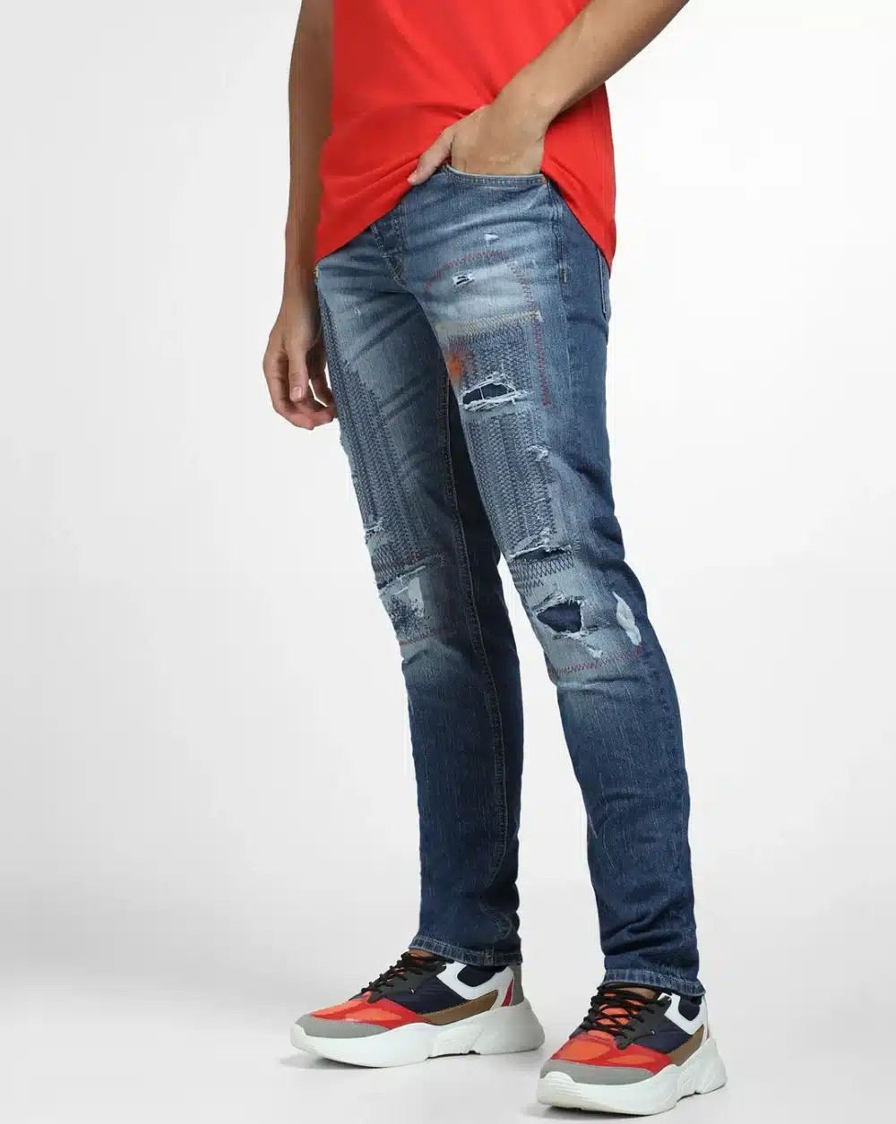 Blue Low Rise Distressed Glenn Slim Fit Jeans - Image 3