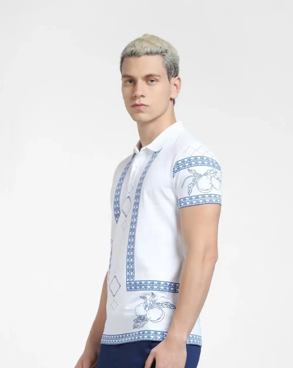 White Printed Polo Neck Men's T-Shirt - Image 3