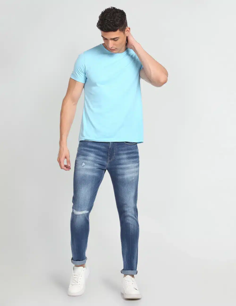 Mid Rise Stone Wash Distressed Jeans