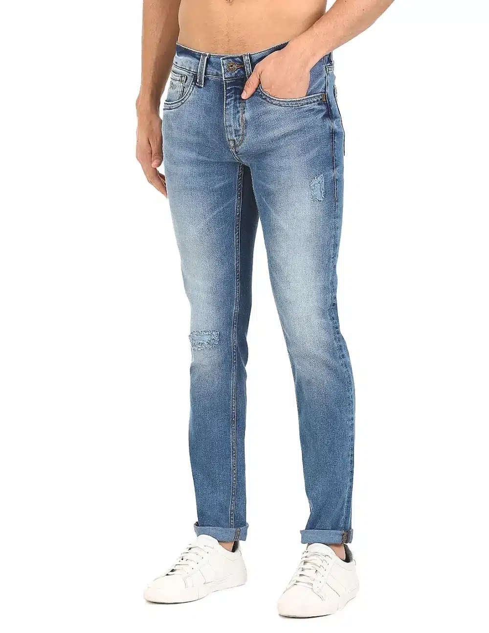 Men Blue Skinny Fit Distressed Jeans - Image 3