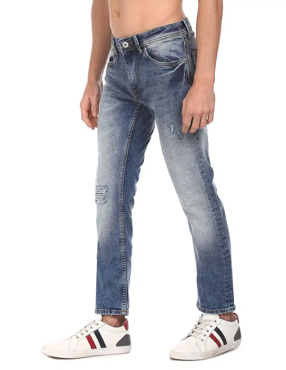 Blue Distressed Slim Tapered Fit Jeans For Men - Image 4