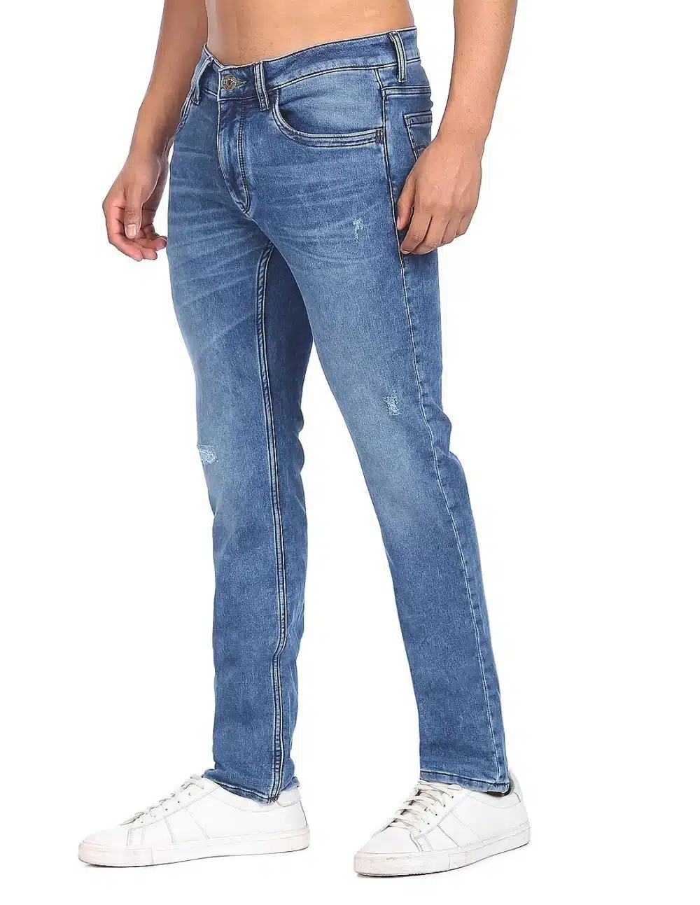 Men Blue Distressed Slim Tapered Fit Jeans - Image 3