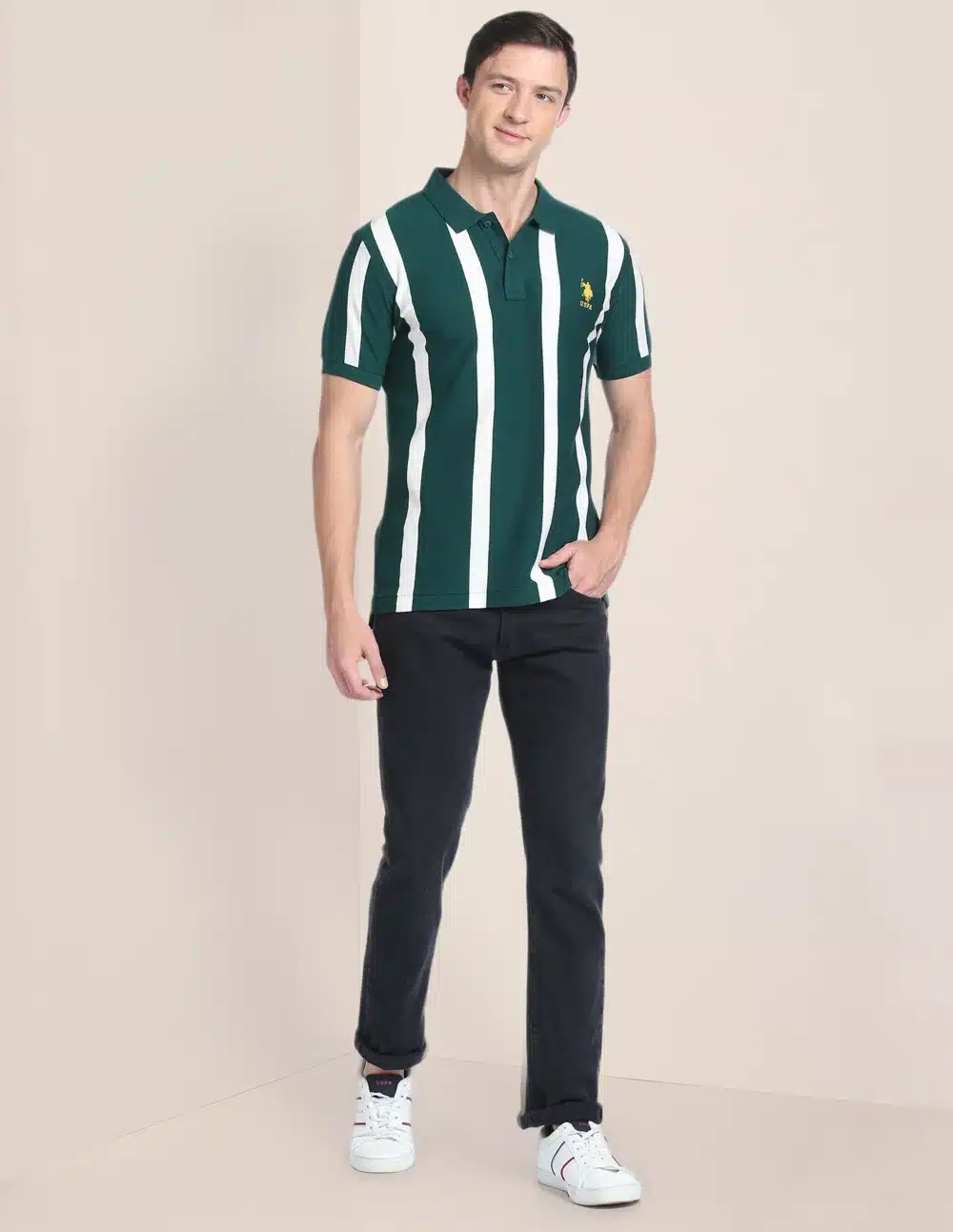 Vertical Stripe Cotton Green Polo T-Shirt - Image 2