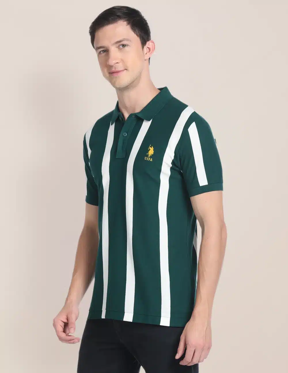 Vertical Stripe Cotton Green Polo T-Shirt - Image 3