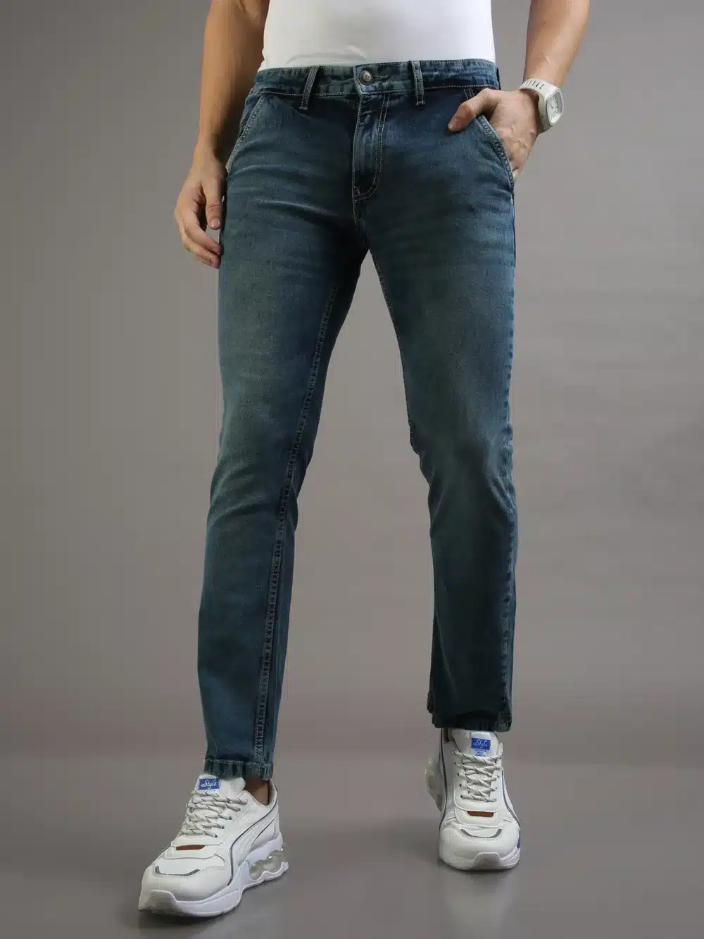 Whiskering Dull Navy Blue Jeans For Mens - Image 2