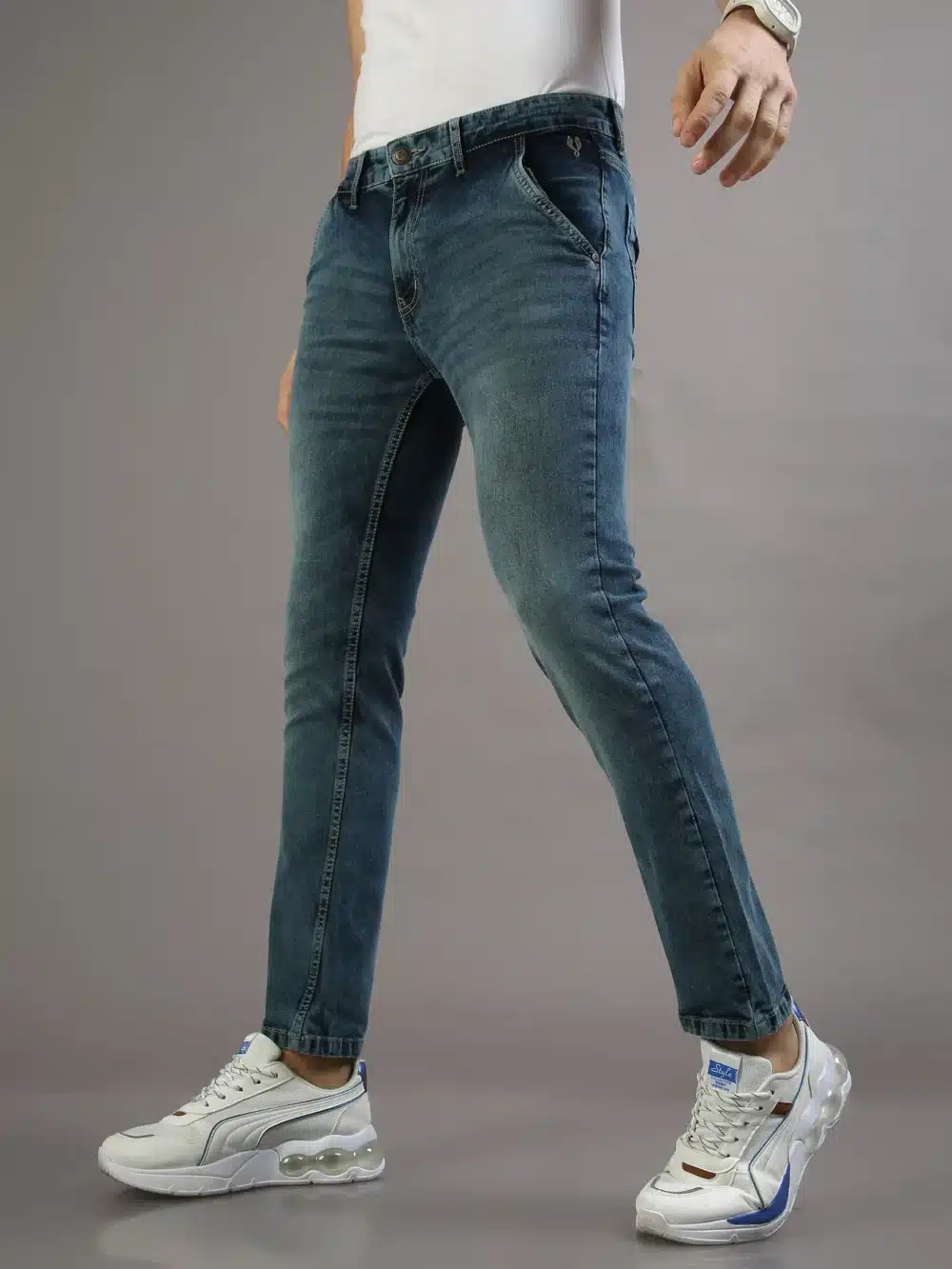 Whiskering Dull Navy Blue Jeans For Mens - Image 3