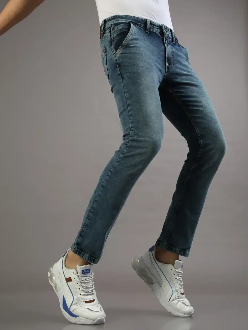 Whiskering Dull Navy Blue Jeans For Mens - Image 4