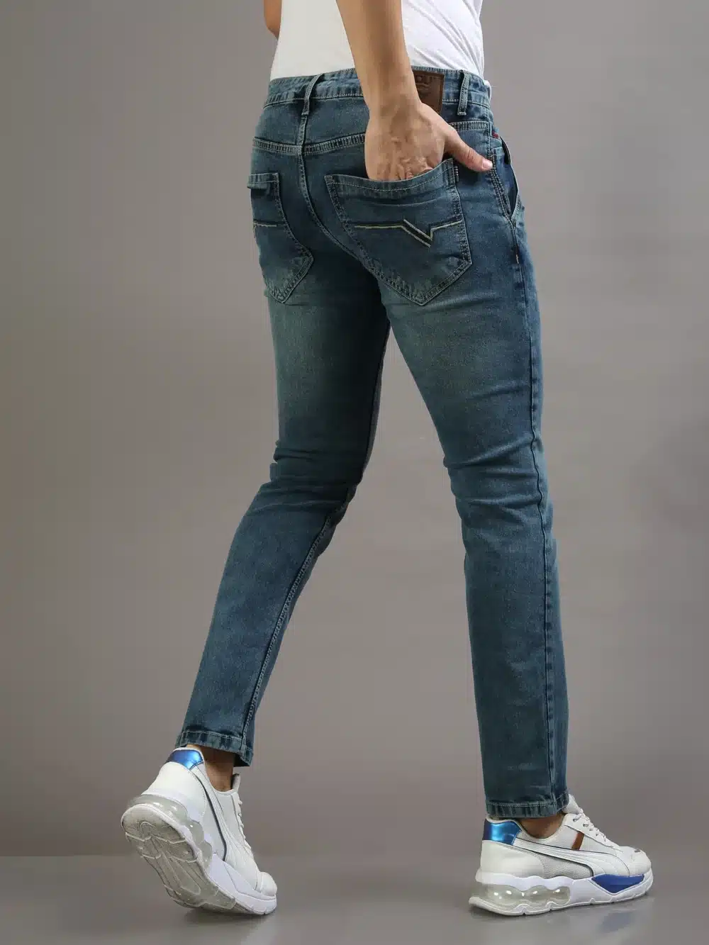 Whiskering Dull Navy Blue Jeans For Mens - Image 7