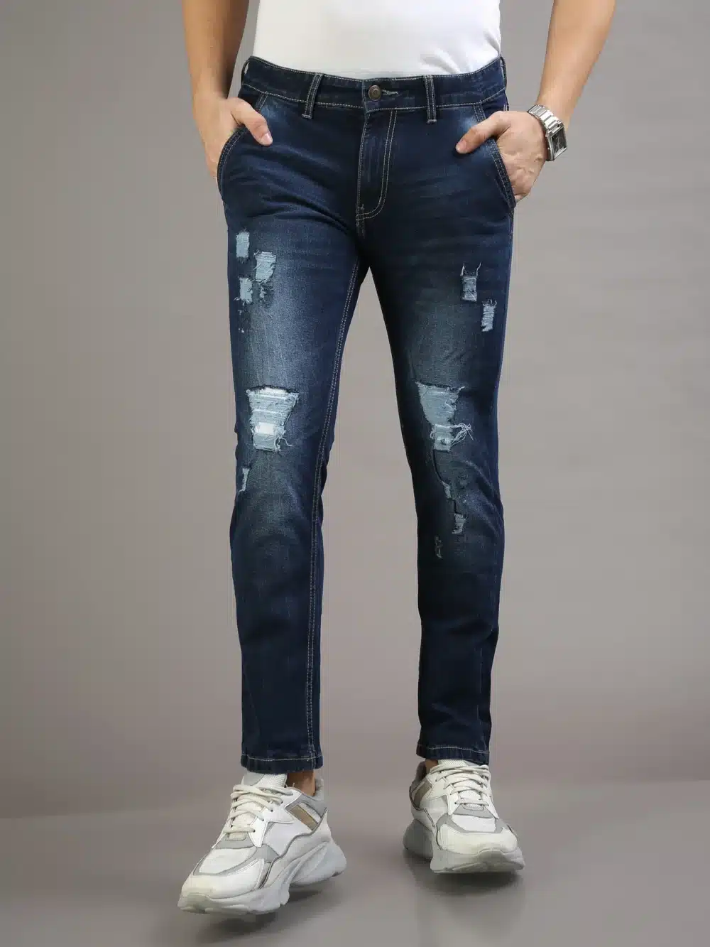 Tapered Fit Navy Jeans For Men - Image 2