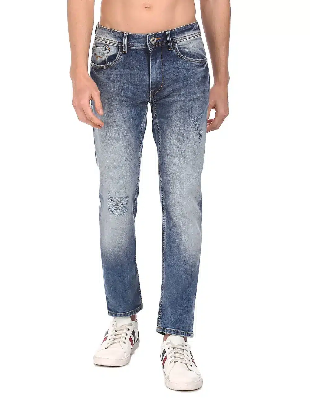 Blue Distressed Slim Tapered Fit Jeans For Men