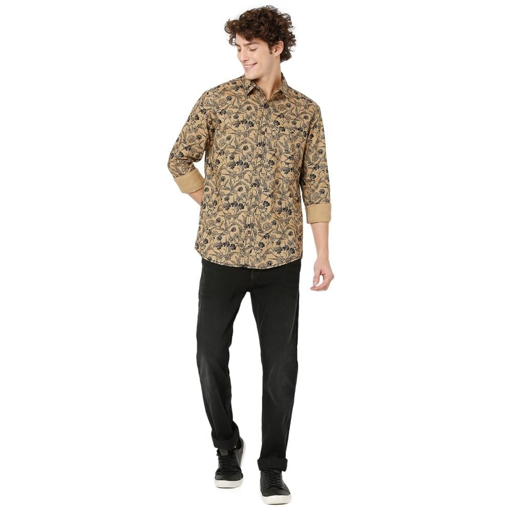 Men's Floral Slim Fit Beige Shirt - Image 6