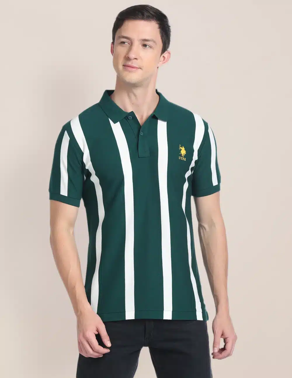 Vertical Stripe Cotton Green Polo T-Shirt - Image 5