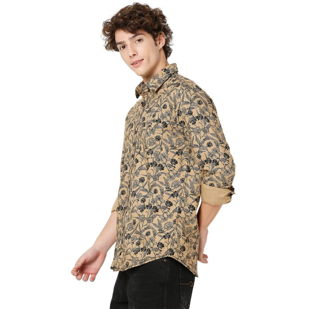 Men's Floral Slim Fit Beige Shirt - Image 3