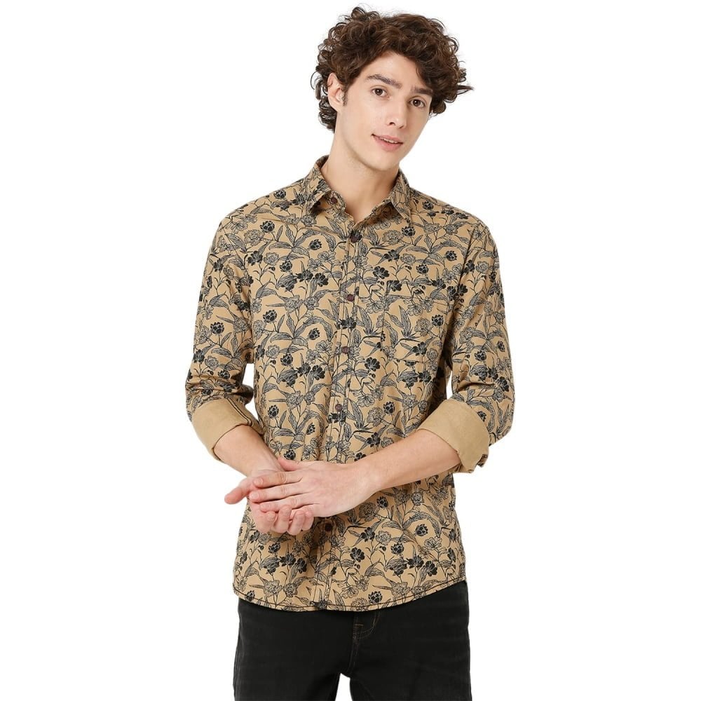 Men's Floral Slim Fit Beige Shirt