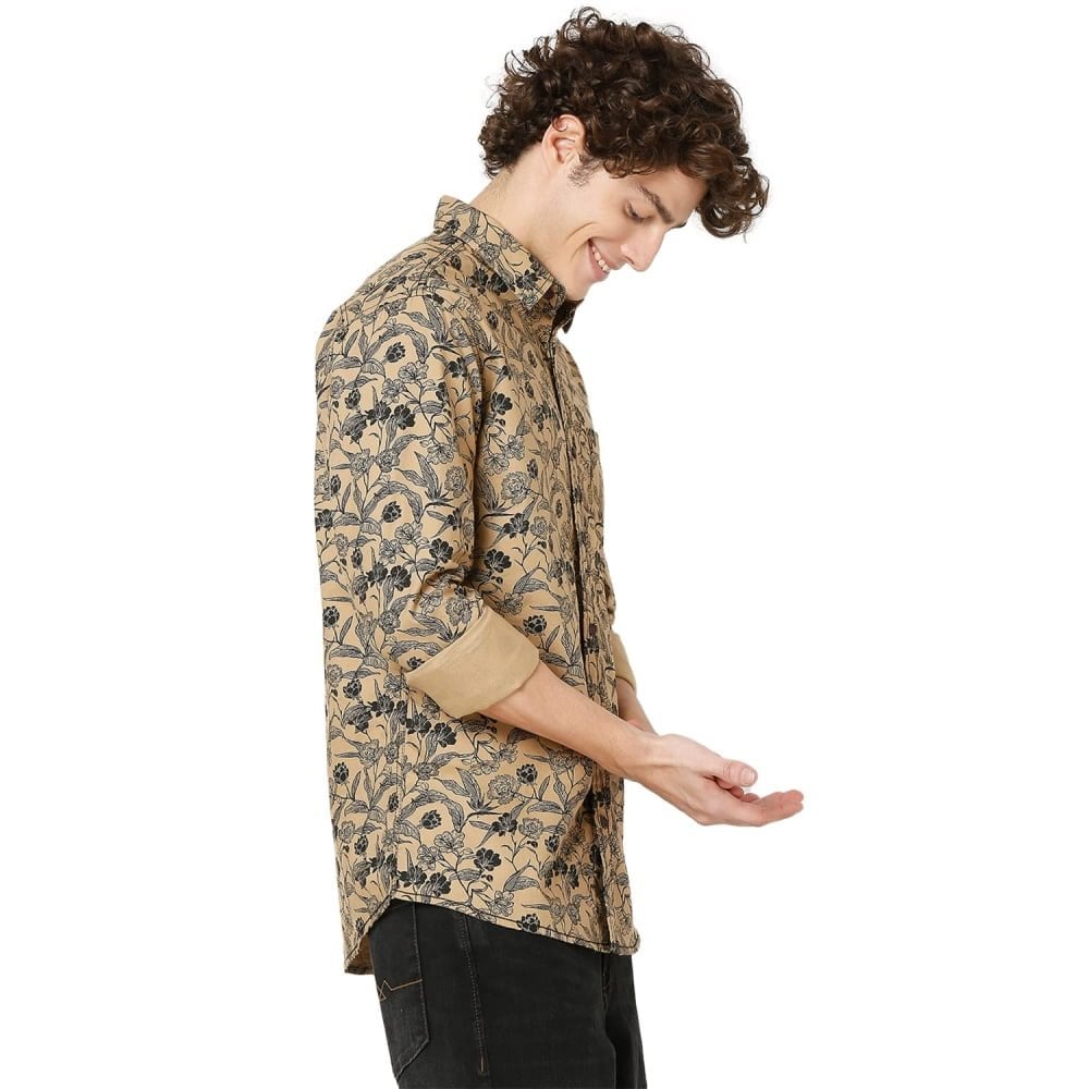 Men's Floral Slim Fit Beige Shirt - Image 2