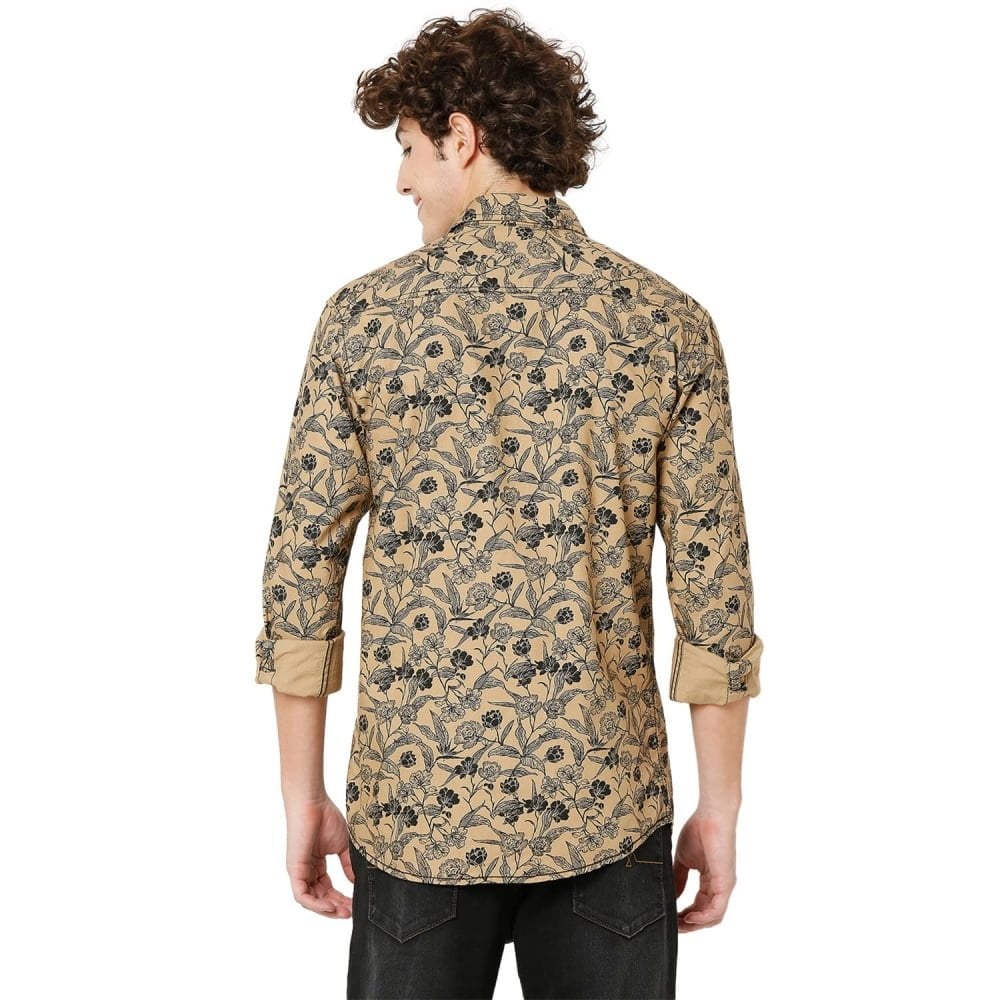 Men's Floral Slim Fit Beige Shirt - Image 4