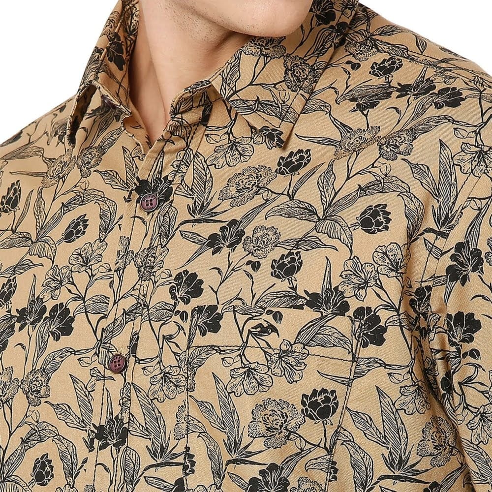 Men's Floral Slim Fit Beige Shirt - Image 5