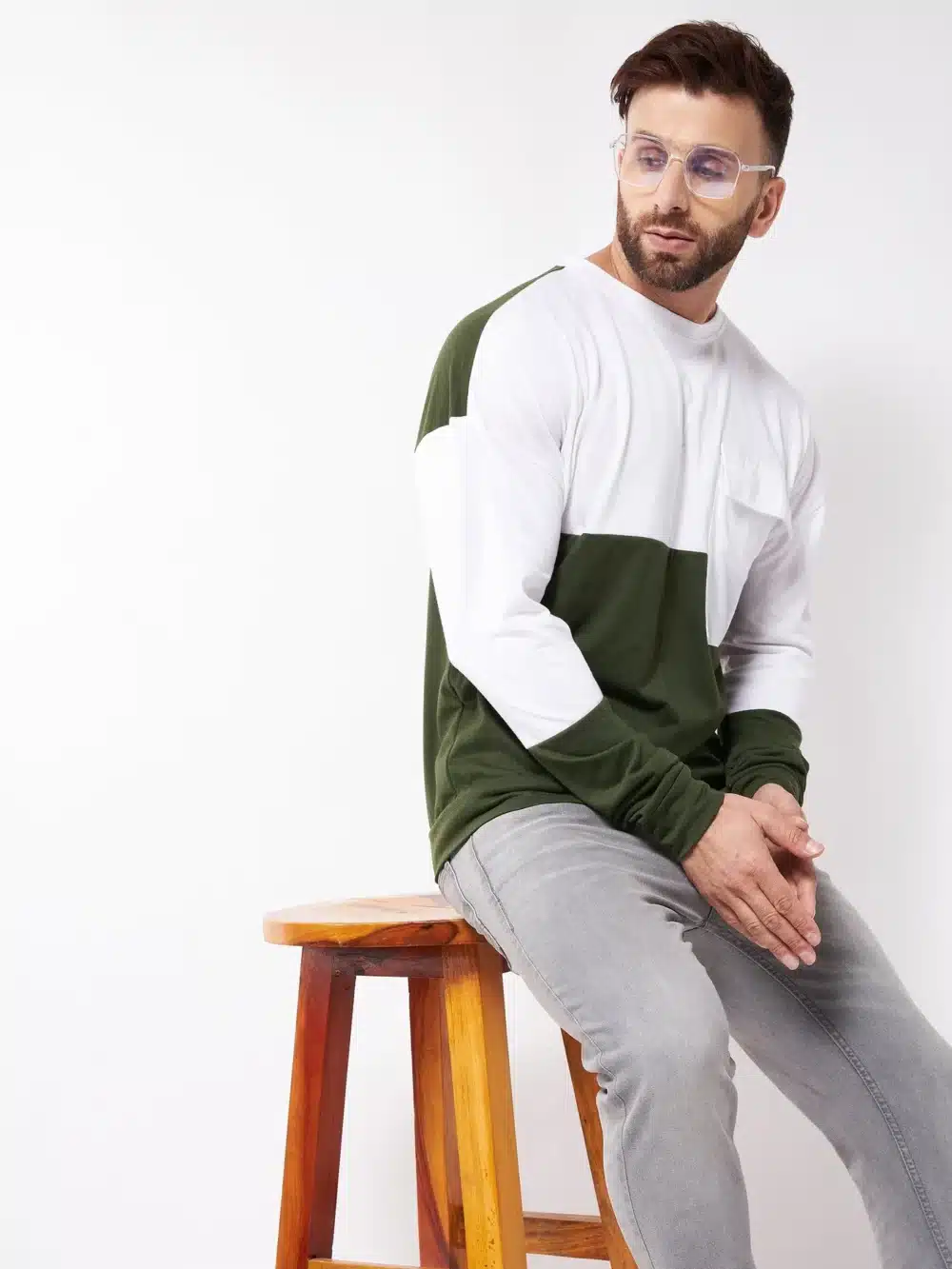 Oversized White And Olive Green Full Sleeve T-Shirt - Image 2