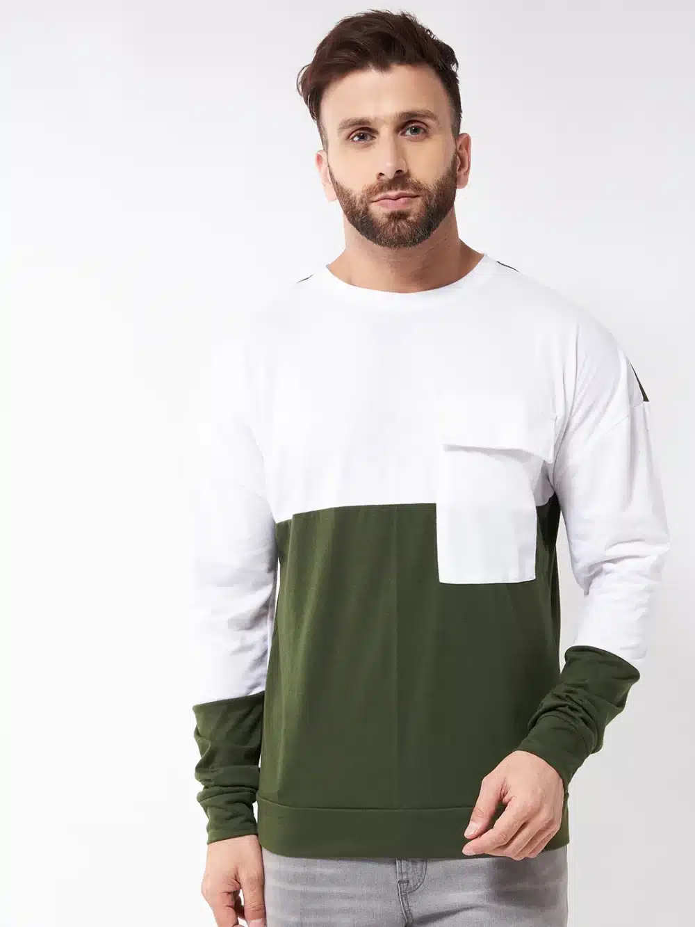 Oversized White And Olive Green Full Sleeve T-Shirt