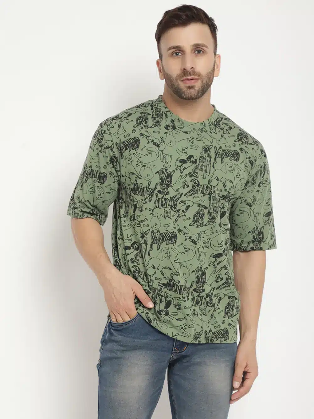 Oversized Green Half Sleeve Graphic Men's T-Shirt