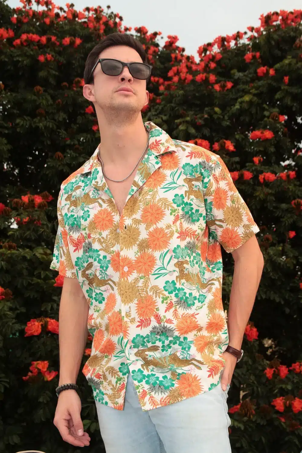 Orange Blue Floral Rayon Shirt