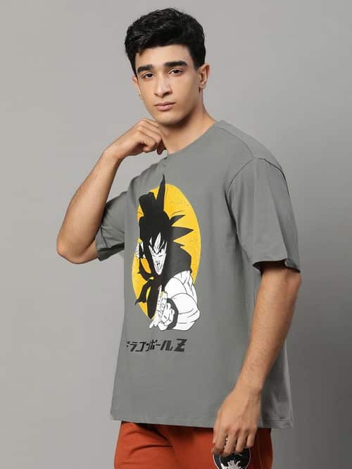 Grey Loose Fit Dragon Ball Z Printed Cotton Crew T-Shirt – Buzz Shop