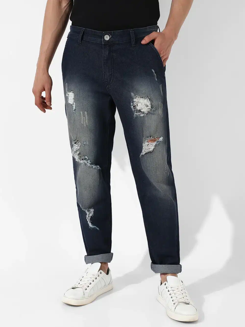 Ripped Dark-Wash Denim Jeans