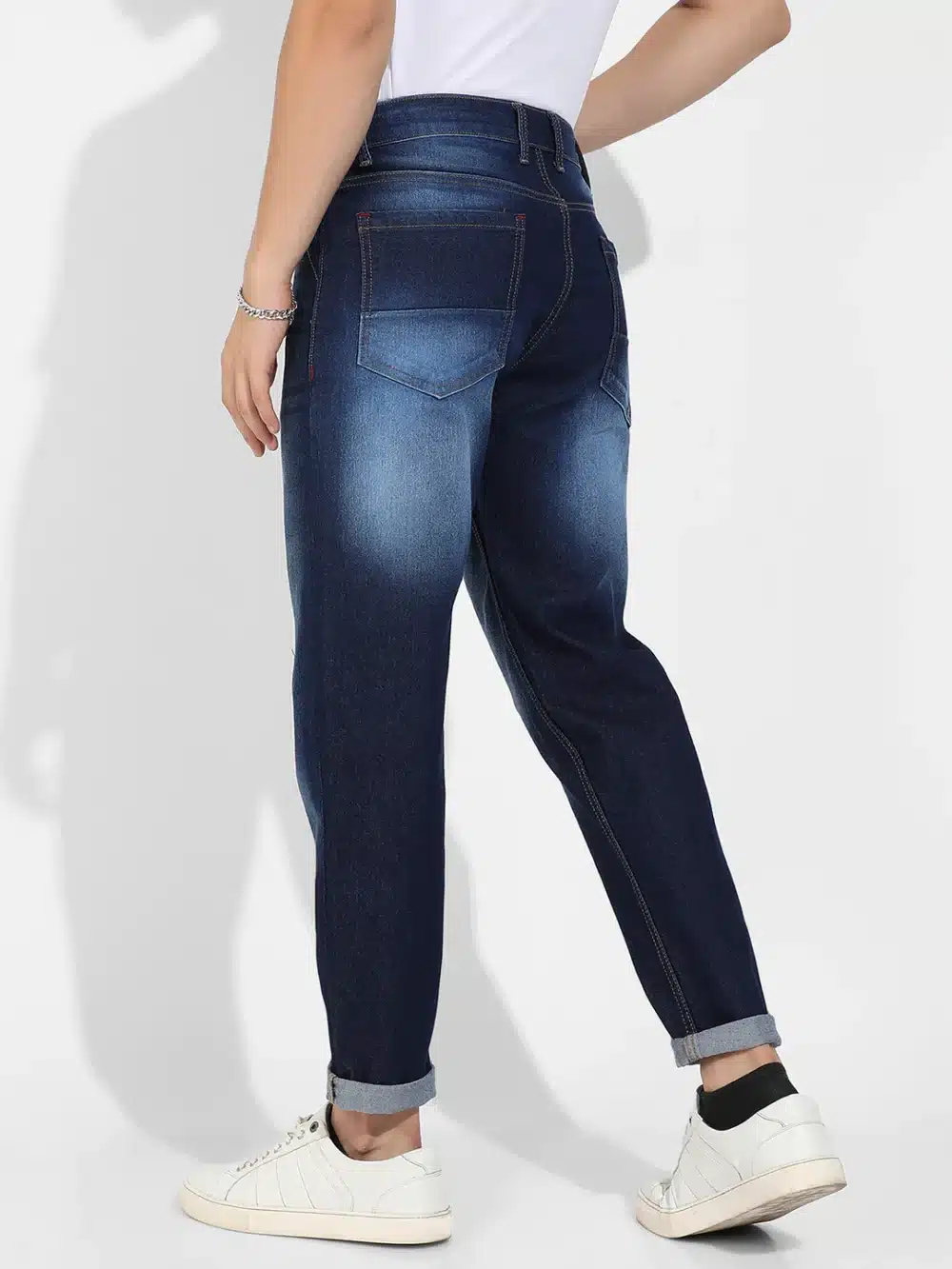 Dark Blue Distressed Knee Denim Jeans - Image 3