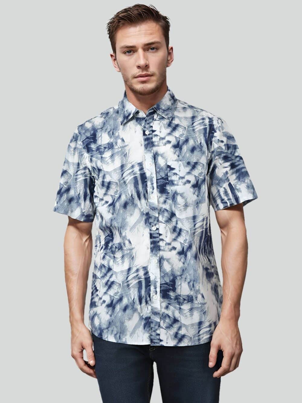 Half Sleeves Regular Fit Tie Dye Casual Shirt-Blue