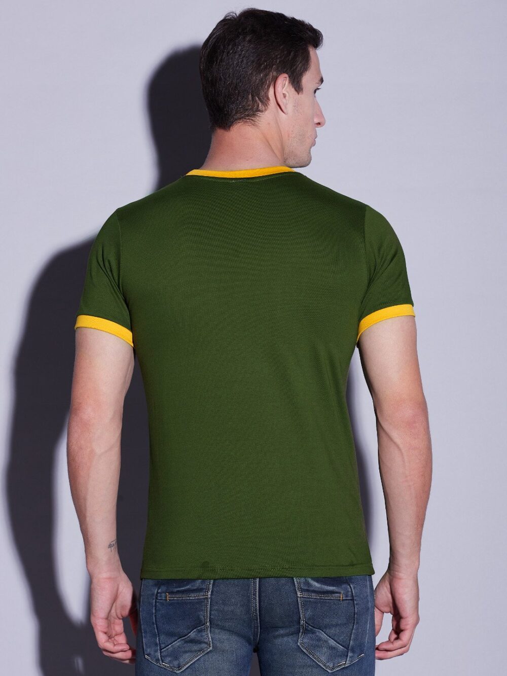 Green Olive Contrast Rib T-Shirt For Men's - Image 2