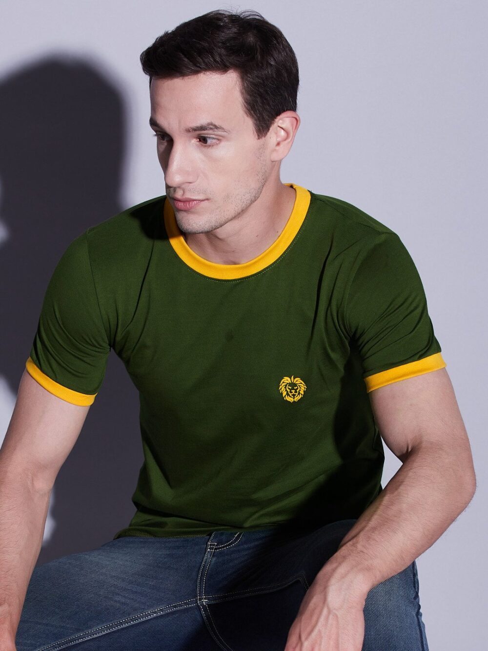 Green Olive Contrast Rib T-Shirt For Men's - Image 7