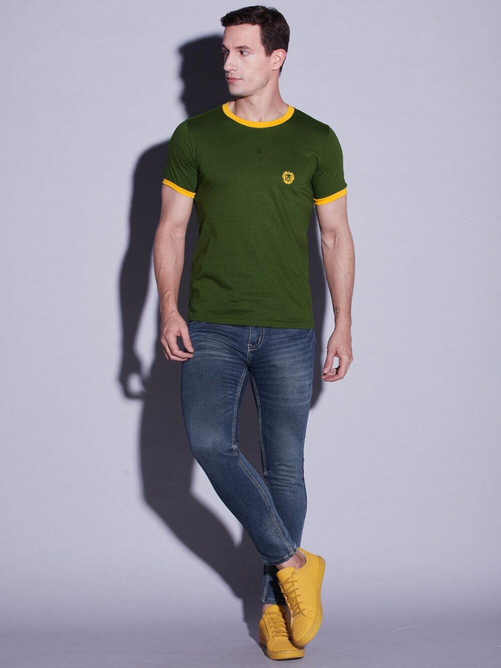 Green Olive Contrast Rib T-Shirt For Men's - Image 3