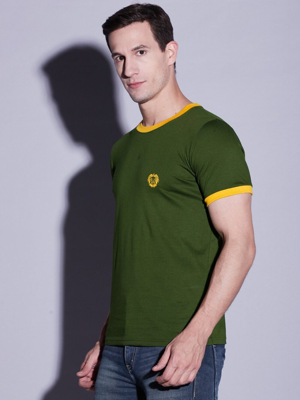 Green Olive Contrast Rib T-Shirt For Men's - Image 4