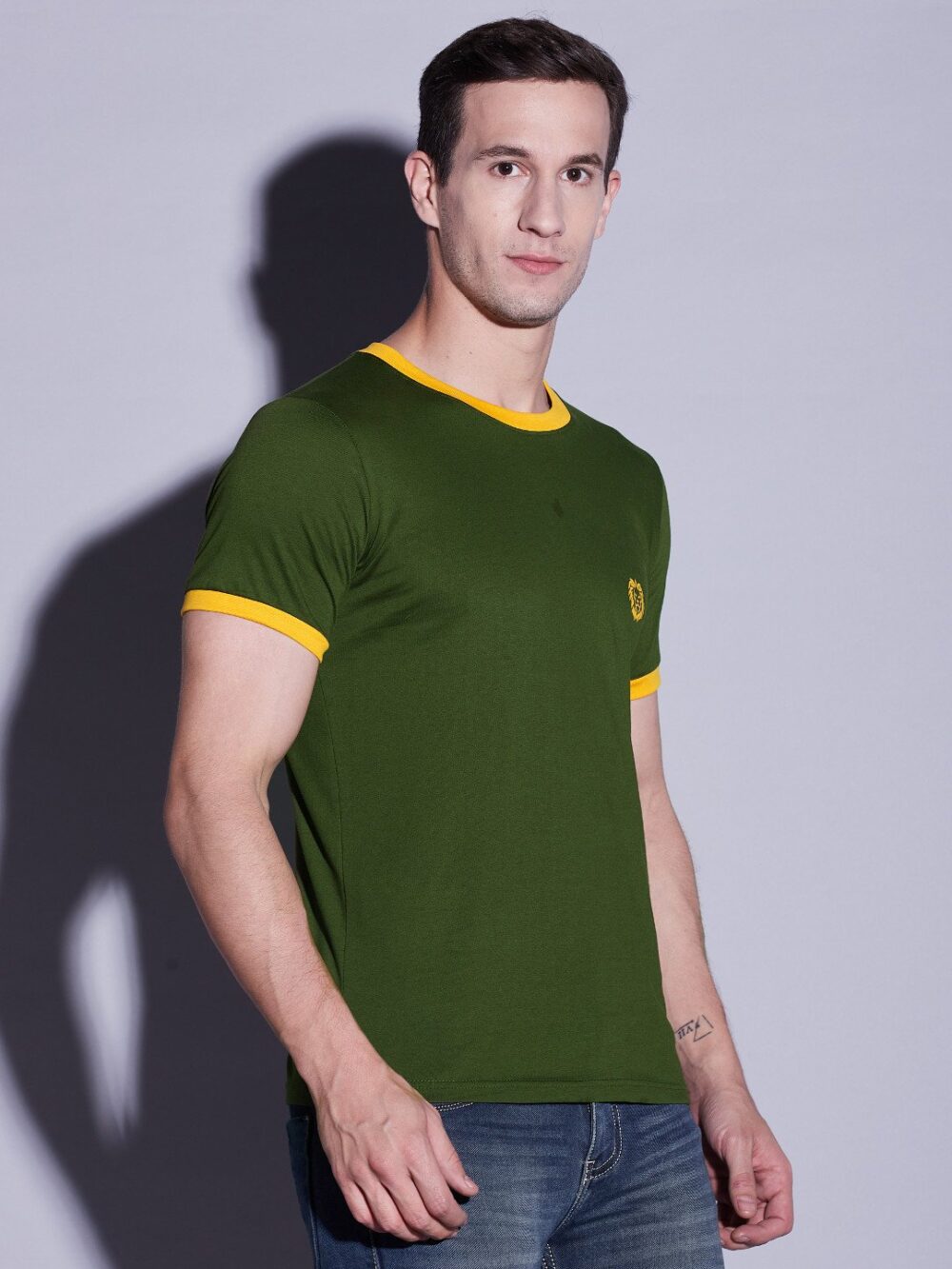 Green Olive Contrast Rib T-Shirt For Men's - Image 5