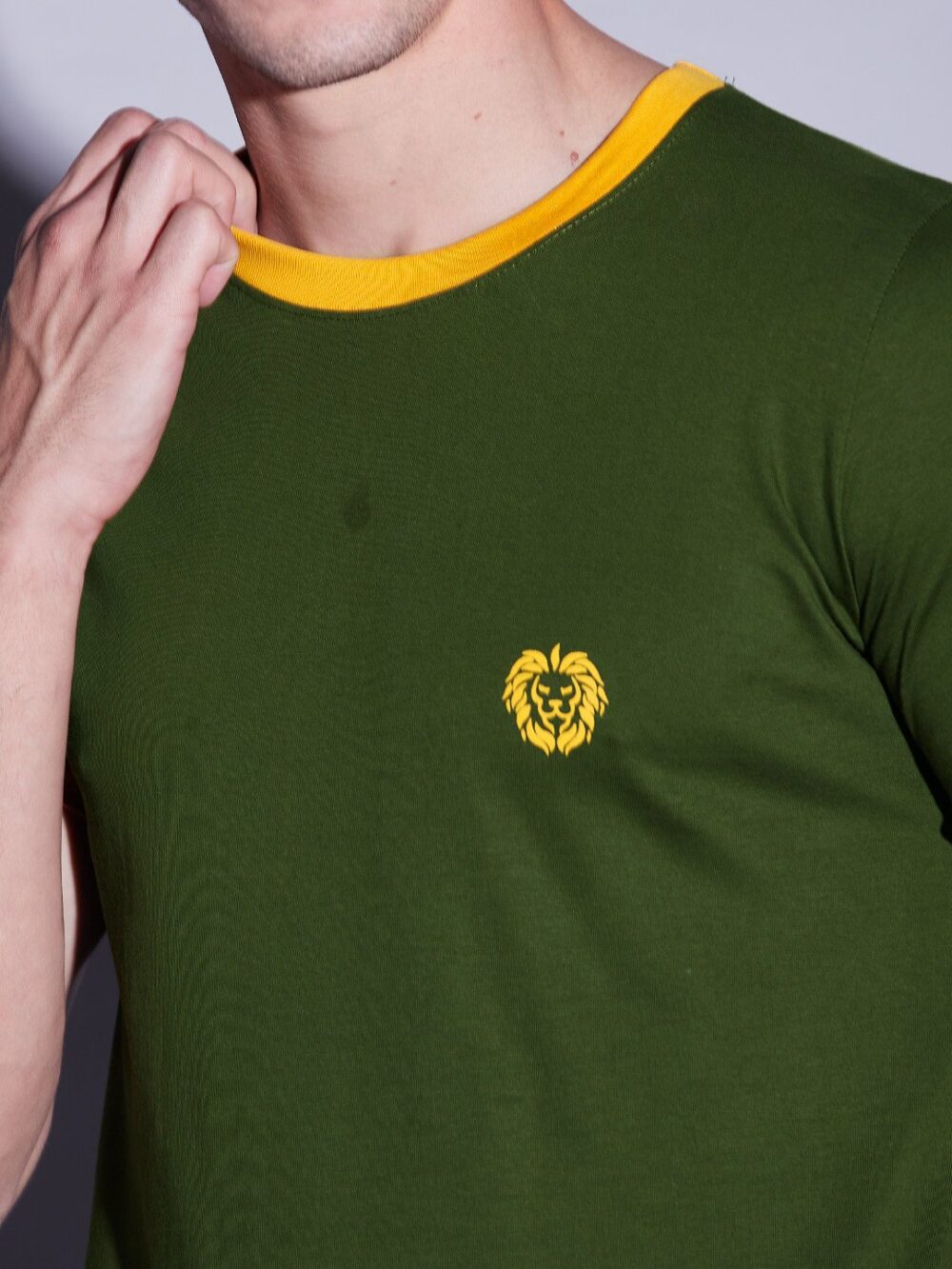 Green Olive Contrast Rib T-Shirt For Men's - Image 6