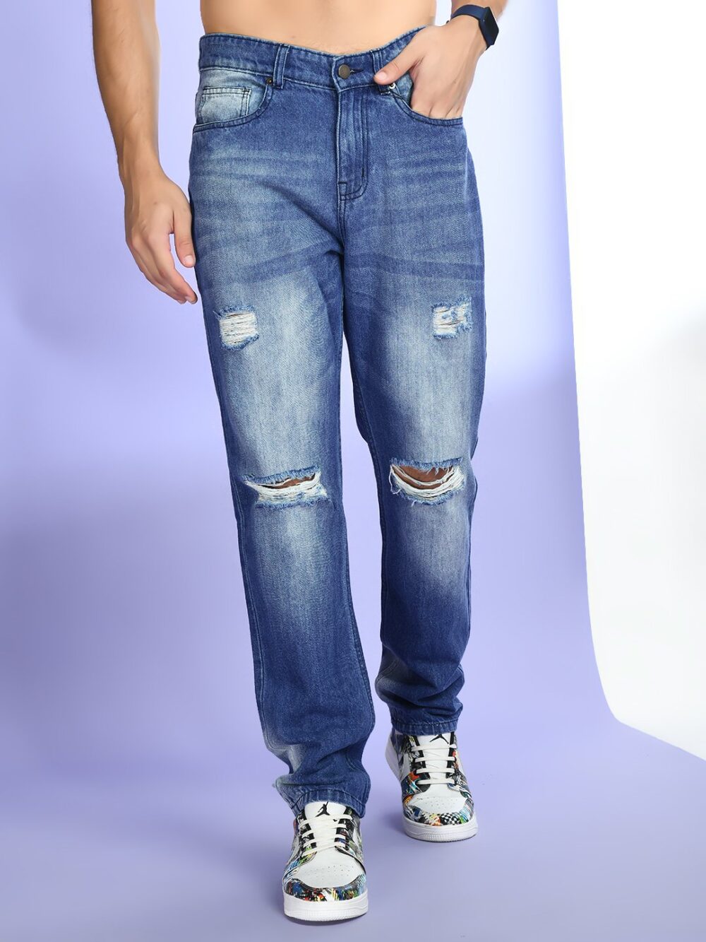 Mid blue Washed Denim Distressd Jeans