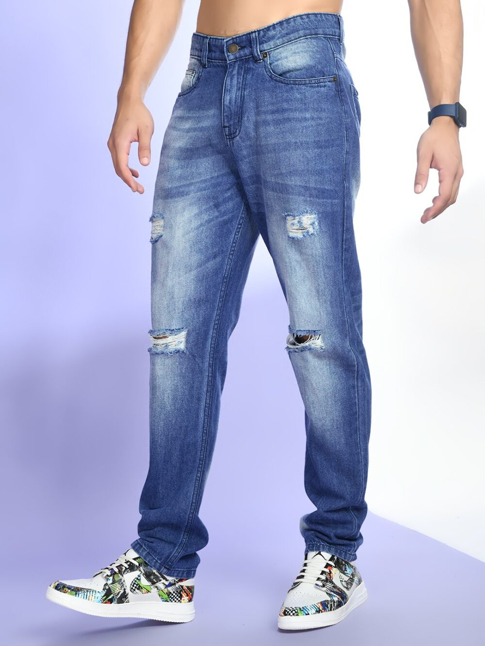 Mid blue Washed Denim Distressd Jeans - Image 5