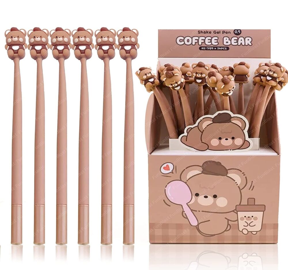 FunBlast Coffee Bear Gel Pen - Silicone Gel Pen For Smooth Writing With Cute Bear Topper, Japanese Pen Set, Kawaii Gel Pens, Stationery For School & Office, Birthday Return Gift For Kids (12 Pc)