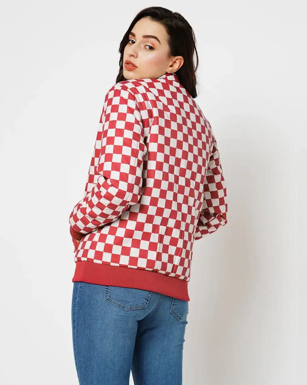 Red & White Check Puffer Jacket - Image 3