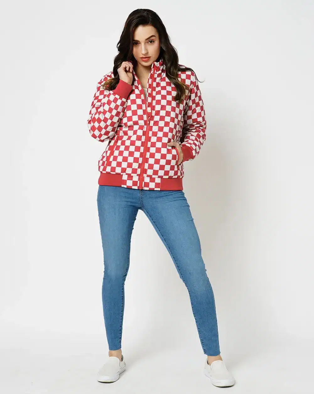 Red & White Check Puffer Jacket - Image 4