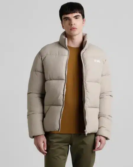 Beige High Neck Puffer Jacket For Men