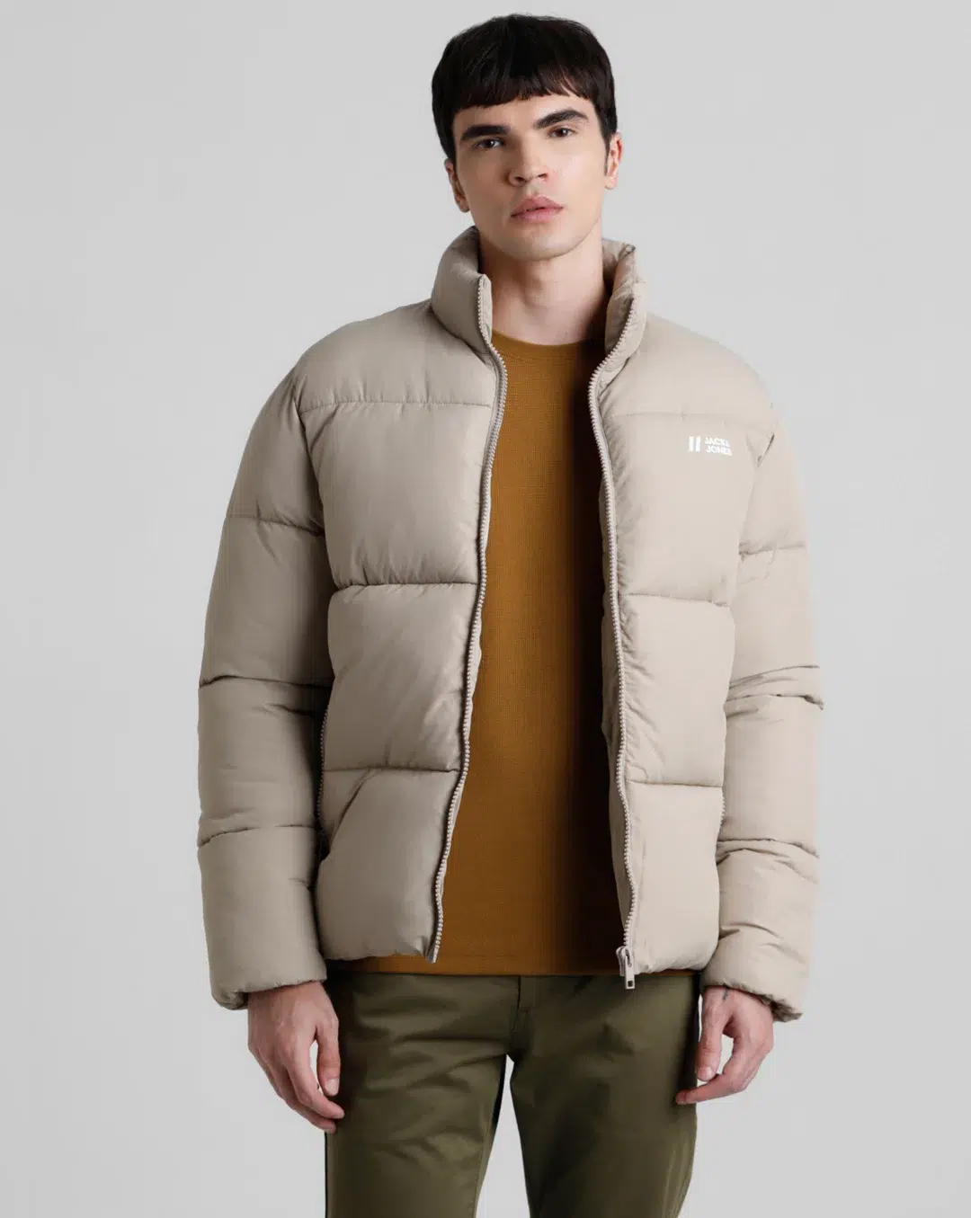 Beige High Neck Puffer Jacket For Men – Buzz Shop