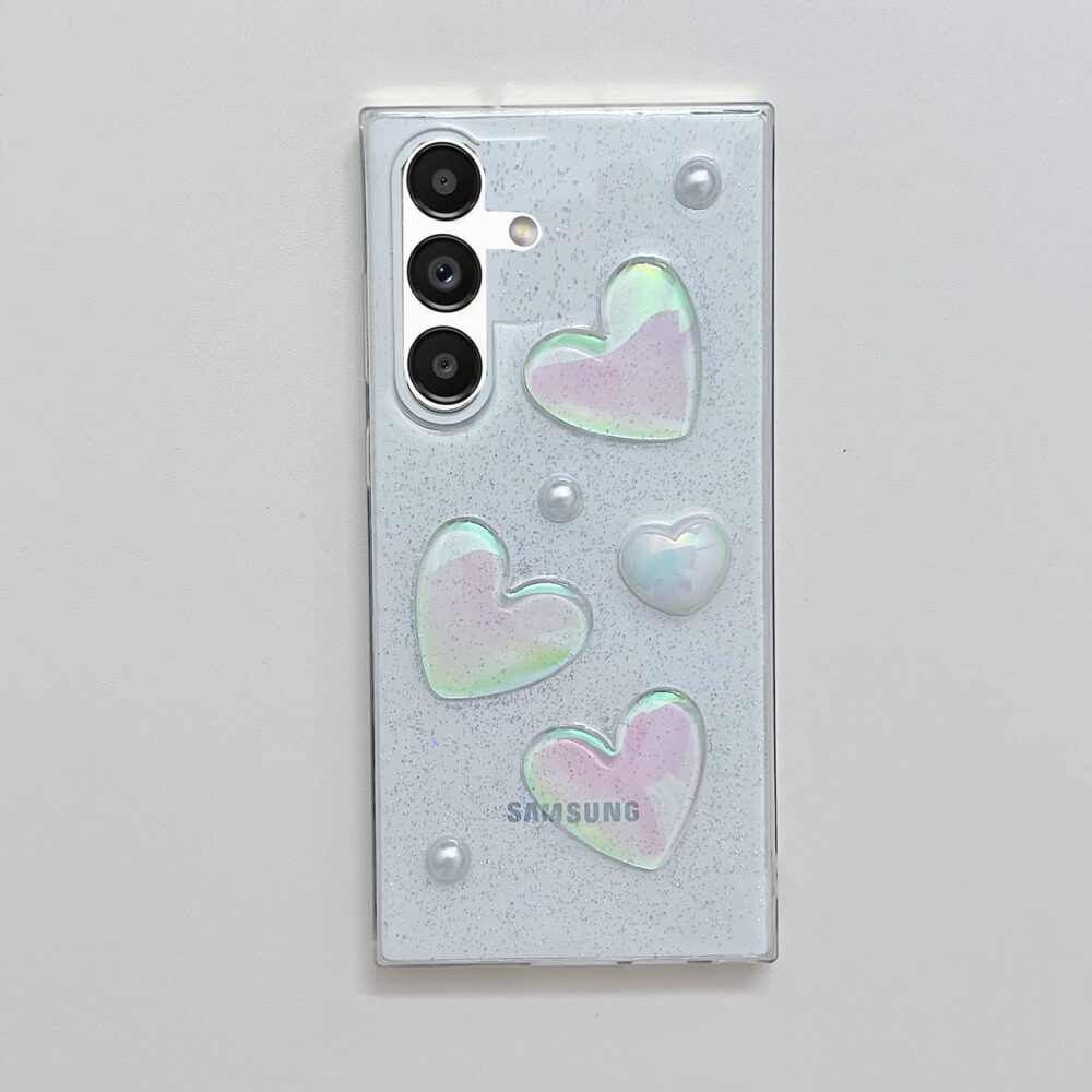 Samsung Galaxy A54 5G Glitter Case, Cute 3D Holographic Laser Love Heart Pearl Bling Sparkle Clear Shockproof Slim Soft TPU Silicone Cover - Image 3